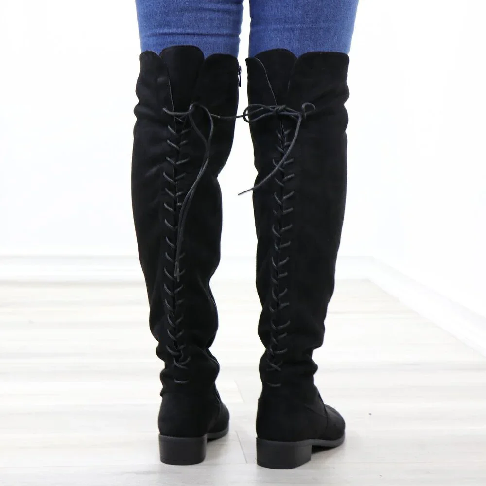 Black Over-the-Knee Boots Size 6 Lace-Up Back Flat Sole Tall Shaft Faux Suede